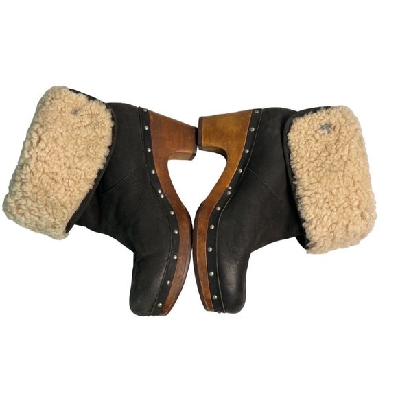 UGG Womens MOUTON Boot Roll Top BLACK Leather Heels Boots 3207 Size 6 - Picture 7 of 12